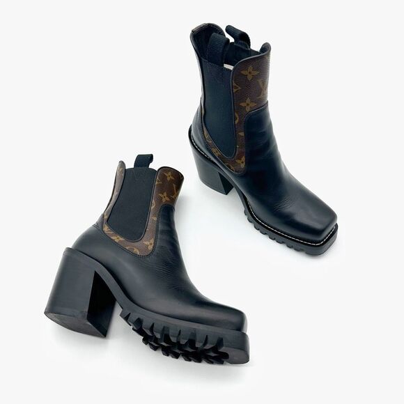 LOUIS VUITTON Limitless Chelsea Boot Size 37 US 7 Black Calfskin Monogram Heel - Picture 1 of 12